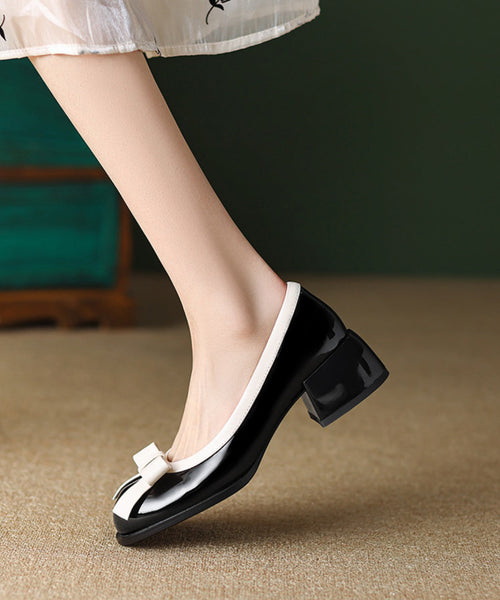 Splicing Classy Bow Shoes Chunky Faux Black Leather FashionChic