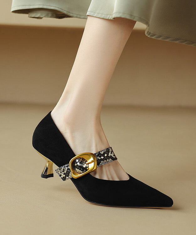 Classy Black Buckle Strap Splicing Stiletto High Heels Pointed Toe WT031 shoe-GGX241030