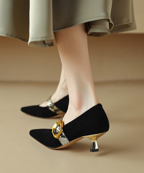 Classy Black Buckle Strap Splicing Stiletto High Heels Pointed Toe WT031 shoe-GGX241030