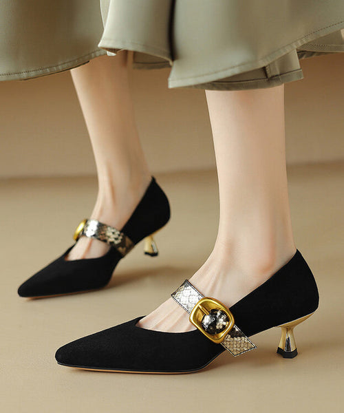 Classy Black Buckle Strap Splicing Stiletto High Heels Pointed Toe WT031 shoe-GGX241030