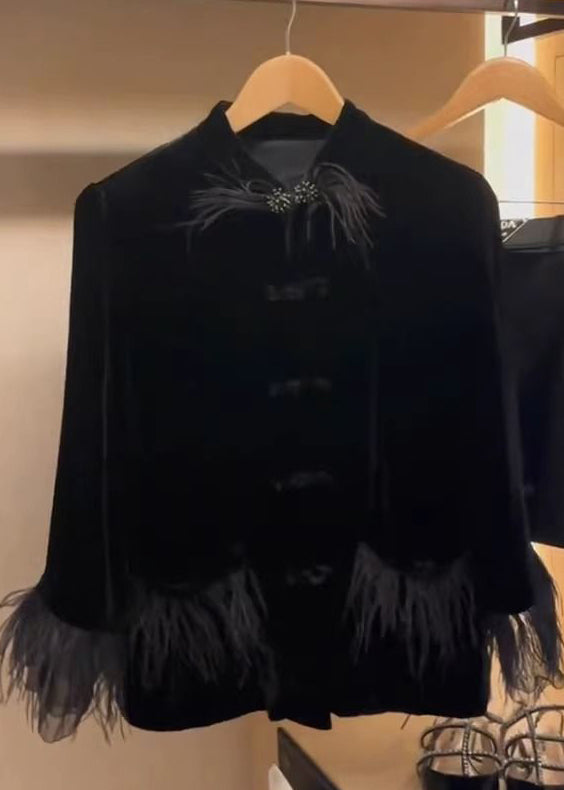 Classy Black Button Patchwork Silk Velvet Coat Spring Ada Fashion