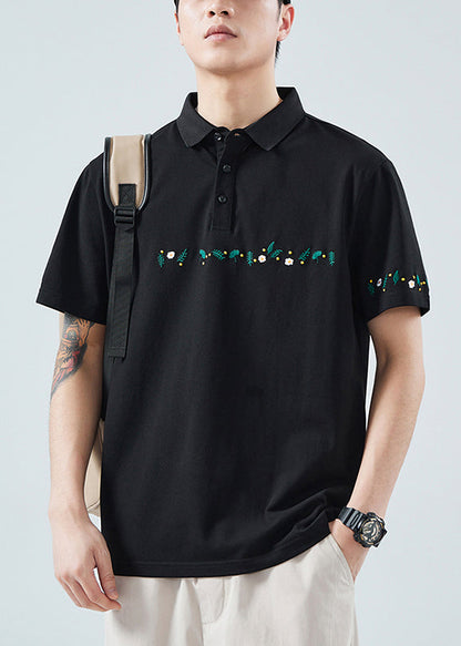 Shirt Button Polo Cotton Classy Summer Print Men Black Solid FashionChic