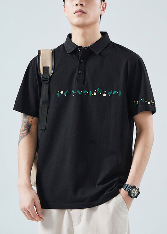 Shirt Button Polo Cotton Classy Summer Print Men Black Solid FashionChic