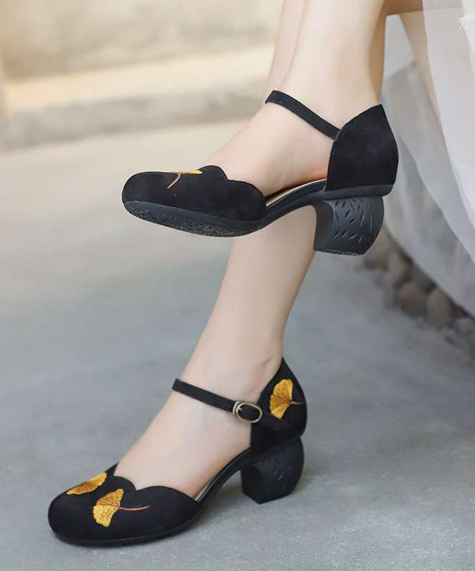 Classy Black Chunky Cowhide Leather Embossed Buckle Strap High Heels SL1022 Ada Fashion