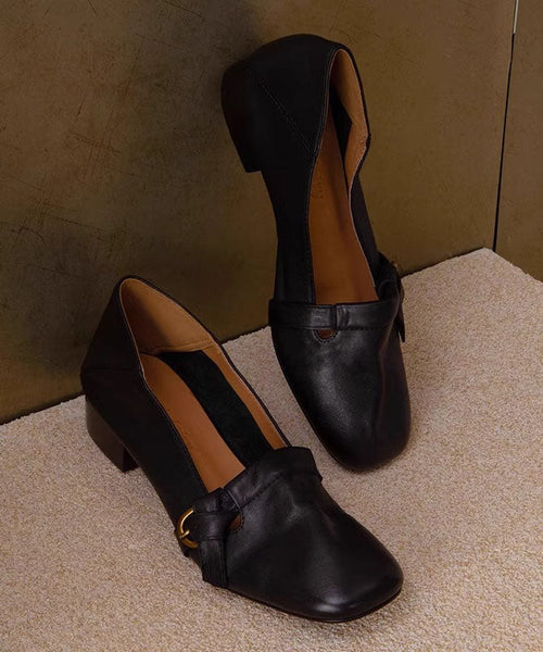 Splicing Black Cowhide Comfy Leather Chunky Shoes Classy FashionChic