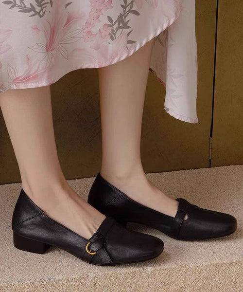 Splicing Black Cowhide Comfy Leather Chunky Shoes Classy FashionChic