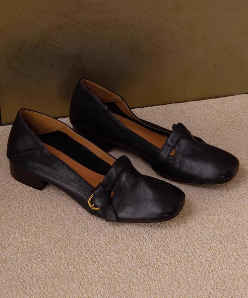 Splicing Black Cowhide Comfy Leather Chunky Shoes Classy FashionChic