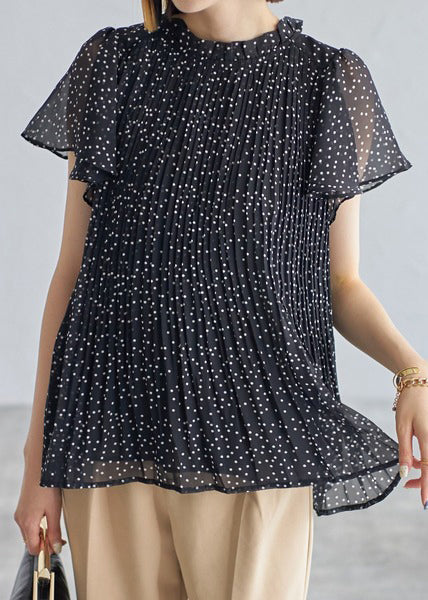 Summer Black Classy Shirts Chiffon Wrinkled Dot FashionChic