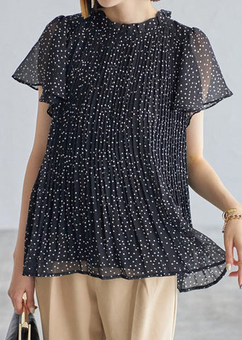 Summer Black Classy Shirts Chiffon Wrinkled Dot FashionChic