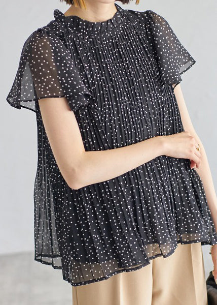 Summer Black Classy Shirts Chiffon Wrinkled Dot FashionChic