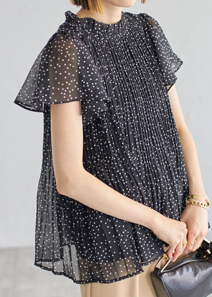 Summer Black Classy Shirts Chiffon Wrinkled Dot FashionChic