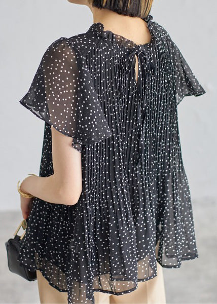 Summer Black Classy Shirts Chiffon Wrinkled Dot FashionChic