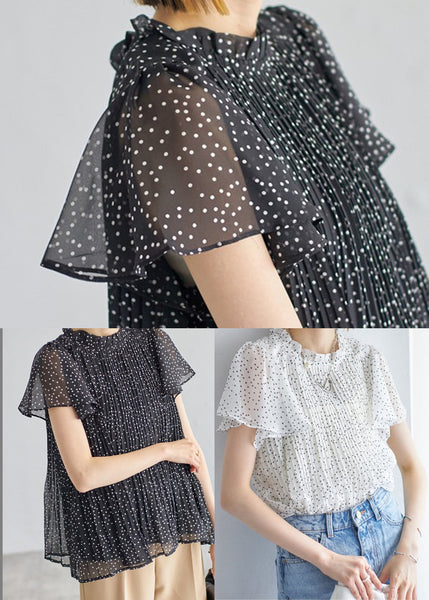 Summer Black Classy Shirts Chiffon Wrinkled Dot FashionChic