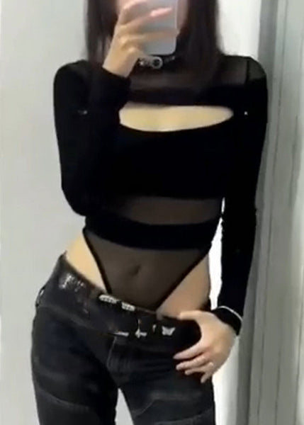 Classy Bodysuit Solid Out Tulle Hollow Black FashionChic