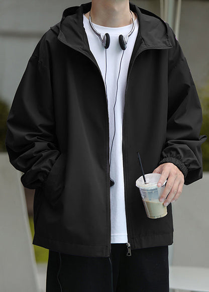 Men Coat Black Pockets Spring Cotton Zippered Hooded Classy FashionChic