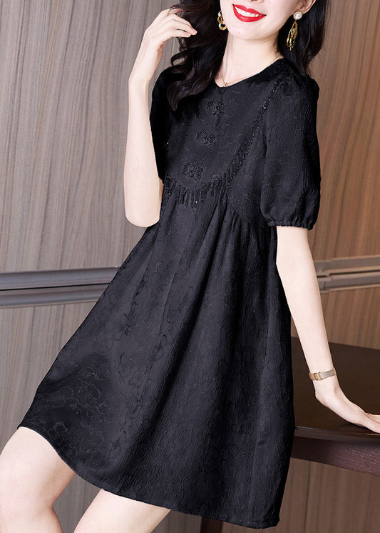 Neck Dresses Summer Classy Embroidered Cotton Black O FashionChic