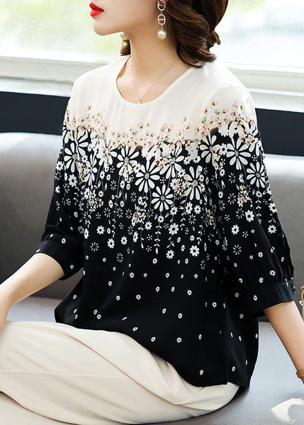 Classy Chiffon O-Neck Print Black Summer Shirts FashionChic
