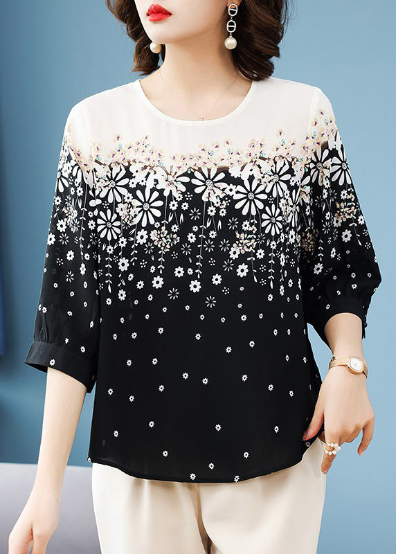 Classy Chiffon O-Neck Print Black Summer Shirts FashionChic