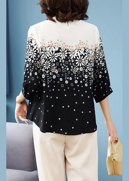 Classy Chiffon O-Neck Print Black Summer Shirts FashionChic