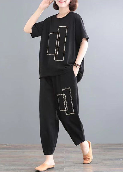 Cotton Summer Classy Oversized Outfits Black Piece Two Set FashionChic