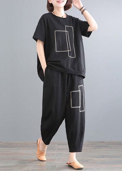 Cotton Summer Classy Oversized Outfits Black Piece Two Set FashionChic