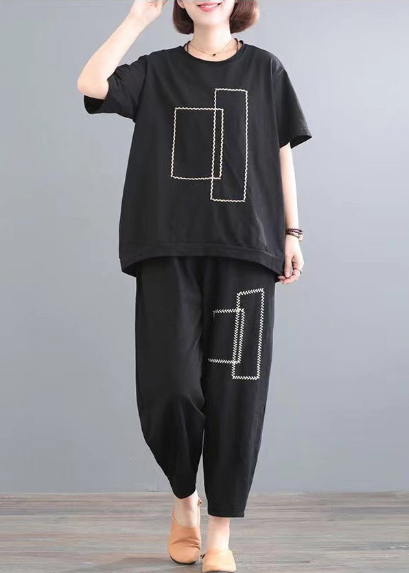 Cotton Summer Classy Oversized Outfits Black Piece Two Set FashionChic