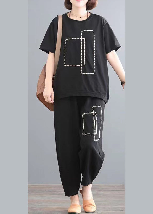 Cotton Summer Classy Oversized Outfits Black Piece Two Set FashionChic