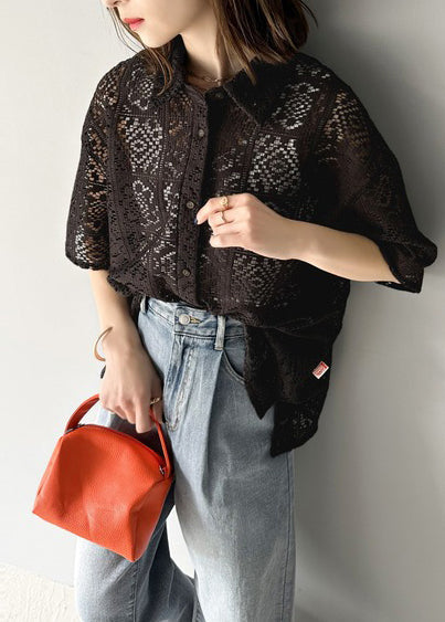 Out Oversized Hollow Summer Lace Classy Black Shirts FashionChic