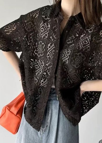 Out Oversized Hollow Summer Lace Classy Black Shirts FashionChic