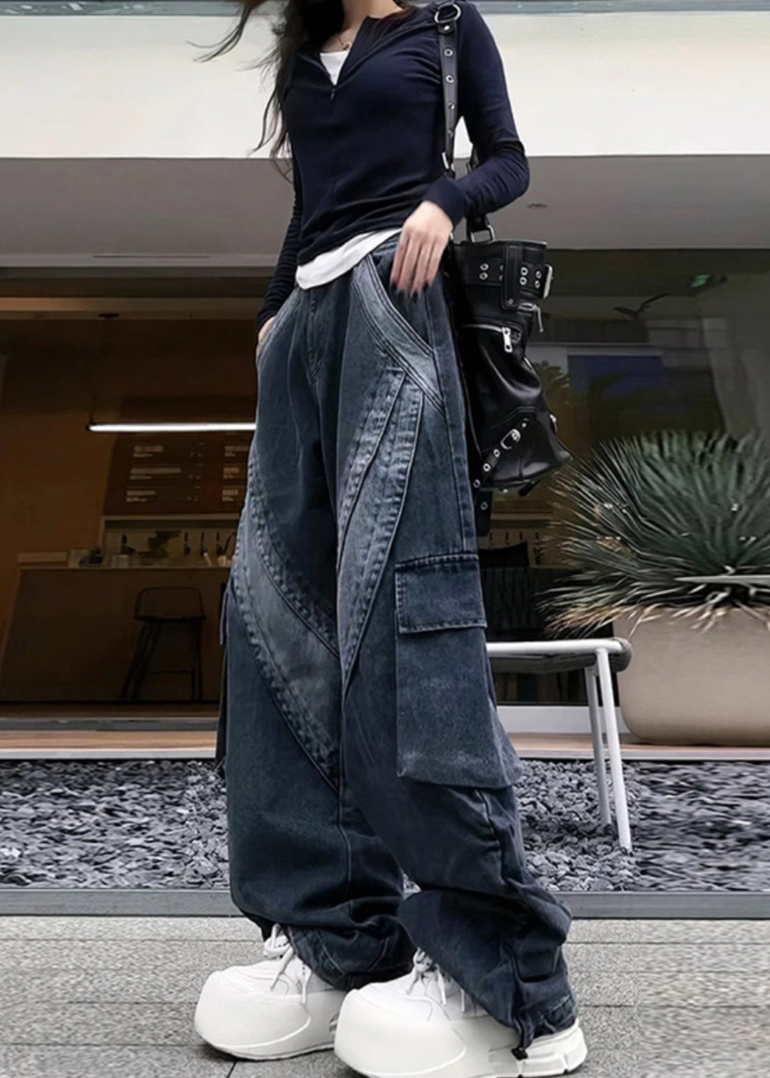 Classy Black Oversized With Pockets Denim Pants Spring YF026 ABC