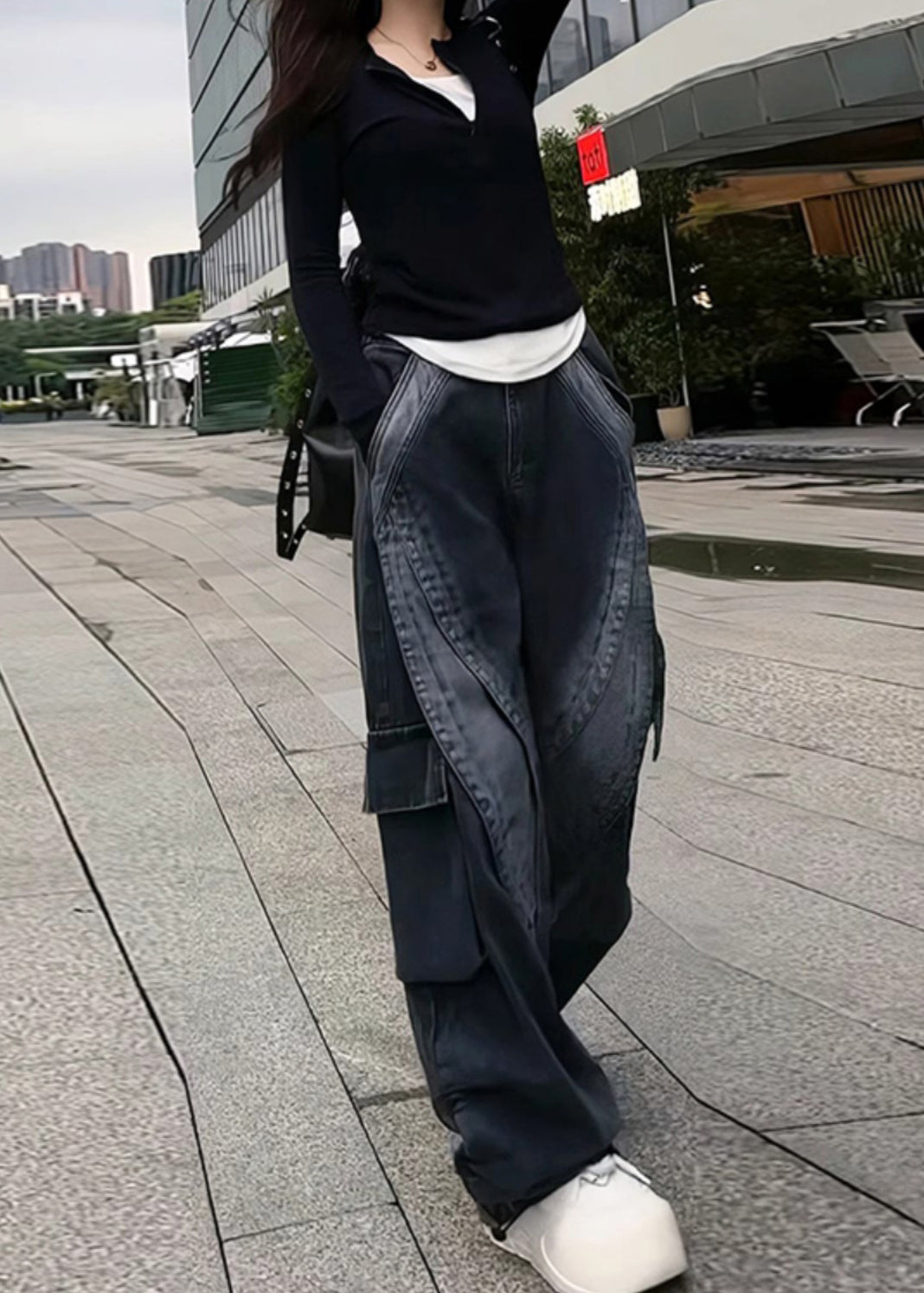 Classy Black Oversized With Pockets Denim Pants Spring YF026 ABC