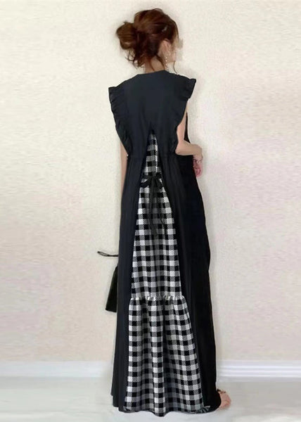 Sleeveless Black Classy Patchwork Ruffled Cotton Dress Tunic FashionChic