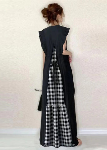 Sleeveless Black Classy Patchwork Ruffled Cotton Dress Tunic FashionChic