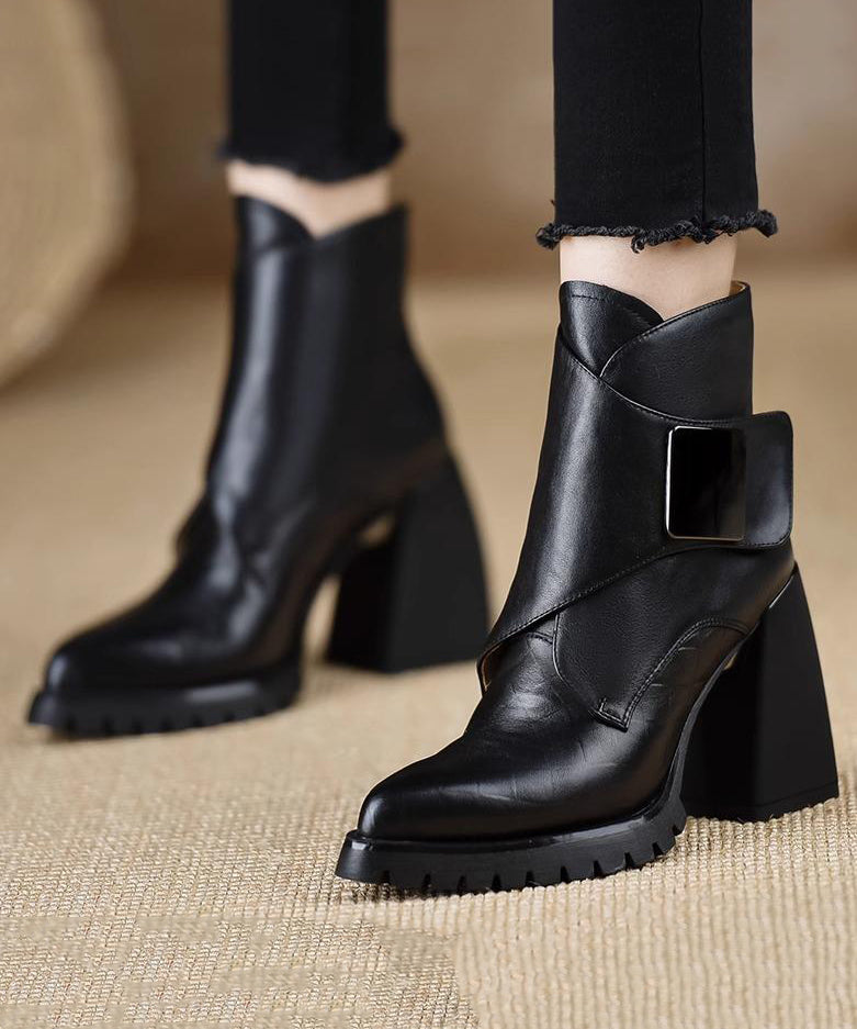 Classy Black Splicing Chunky Heel Ankle Boots TE016 ABC