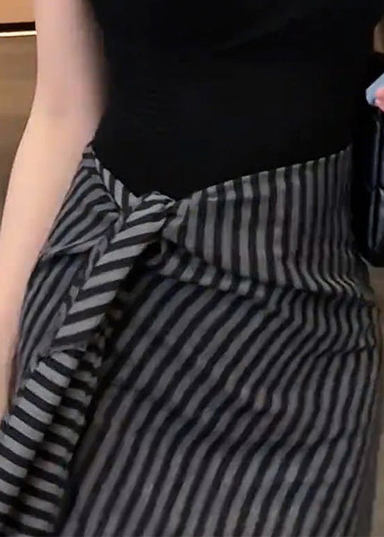 Skirts Striped Chiffon Fall Classy High Black Up Waist Lace FashionChic