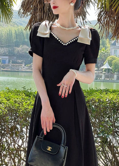 Classy Black V Neck Nail Bead Cotton Dress Summer XX013 SH-LF-SDL240611