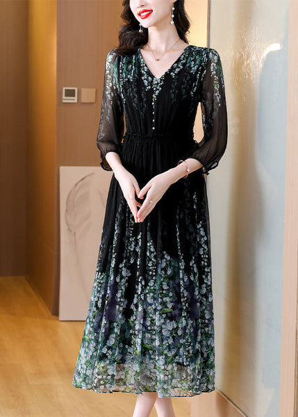 Wrinkled Neck Classy Dress Drawstring V Silk Black Long Print FashionChic