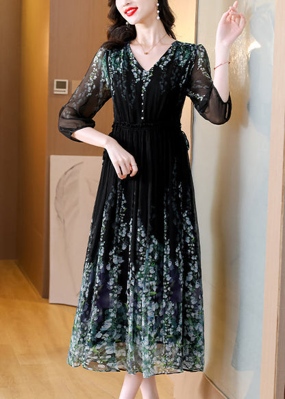 Wrinkled Neck Classy Dress Drawstring V Silk Black Long Print FashionChic