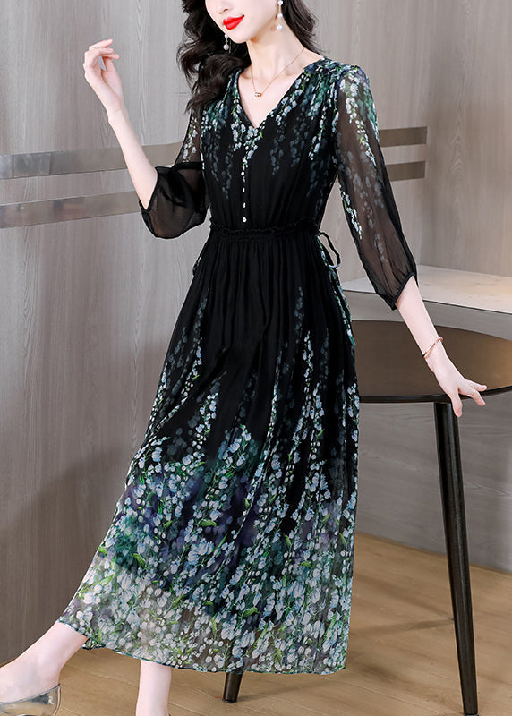 Wrinkled Neck Classy Dress Drawstring V Silk Black Long Print FashionChic