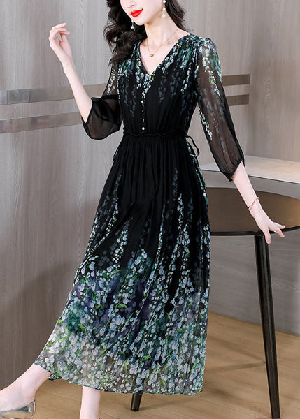 Wrinkled Neck Classy Dress Drawstring V Silk Black Long Print FashionChic