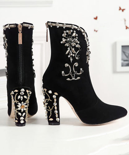 Classy Black Zircon Zippered Suede High Heel Boots RT1085 Ada Fashion