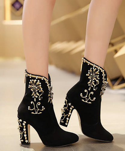 Classy Black Zircon Zippered Suede High Heel Boots RT1085 Ada Fashion