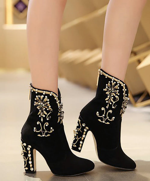 Classy Black Zircon Zippered Suede High Heel Boots RT1085 Ada Fashion