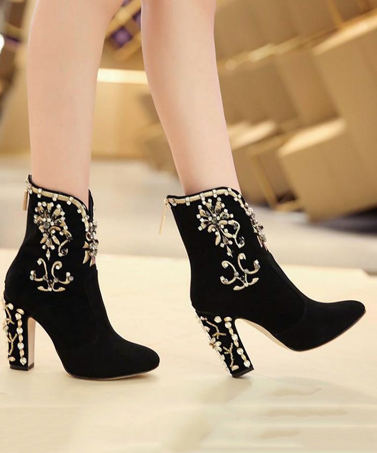 Classy Black Zircon Zippered Suede High Heel Boots RT1085 Ada Fashion