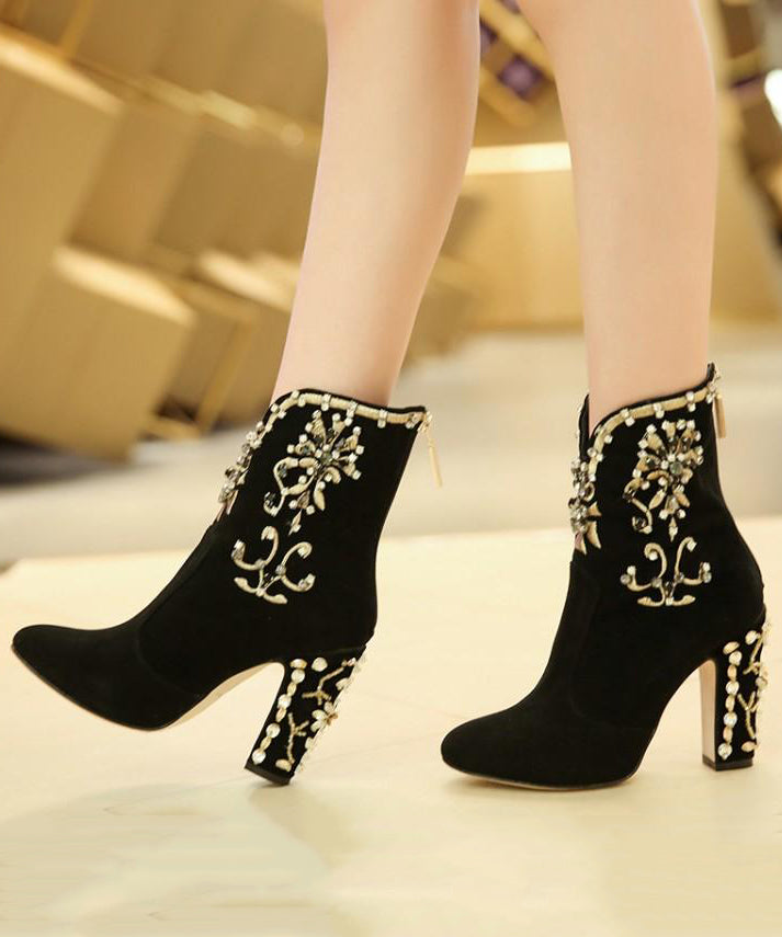 Classy Black Zircon Zippered Suede High Heel Boots RT1085 Ada Fashion