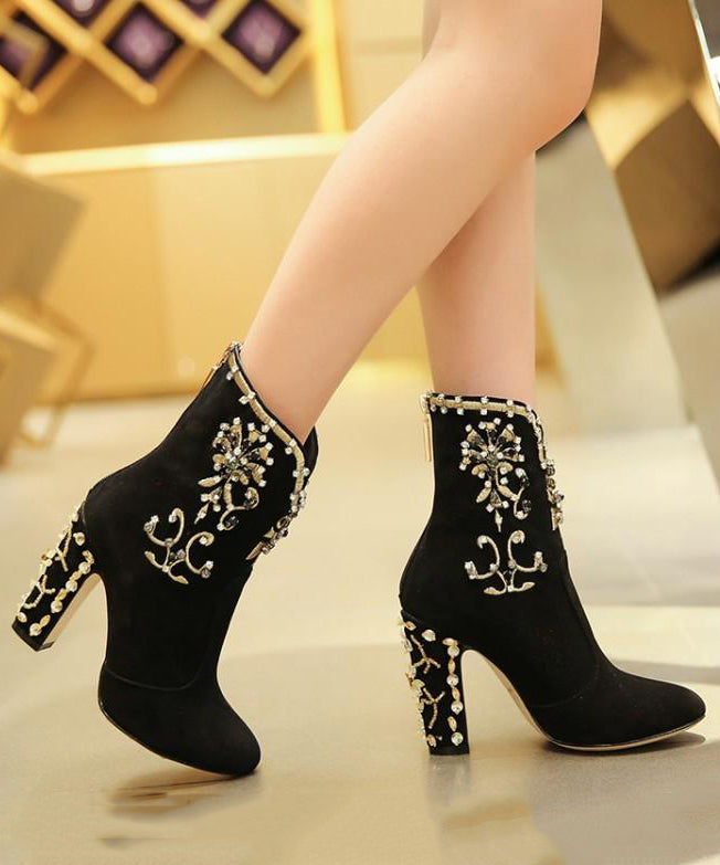 Classy Black Zircon Zippered Suede High Heel Boots RT1085 Ada Fashion