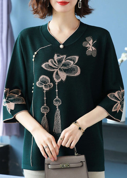 Classy Blackish Green V Neck Print Ice Silk Knit Top Summer TR014 MZF-HTP240727