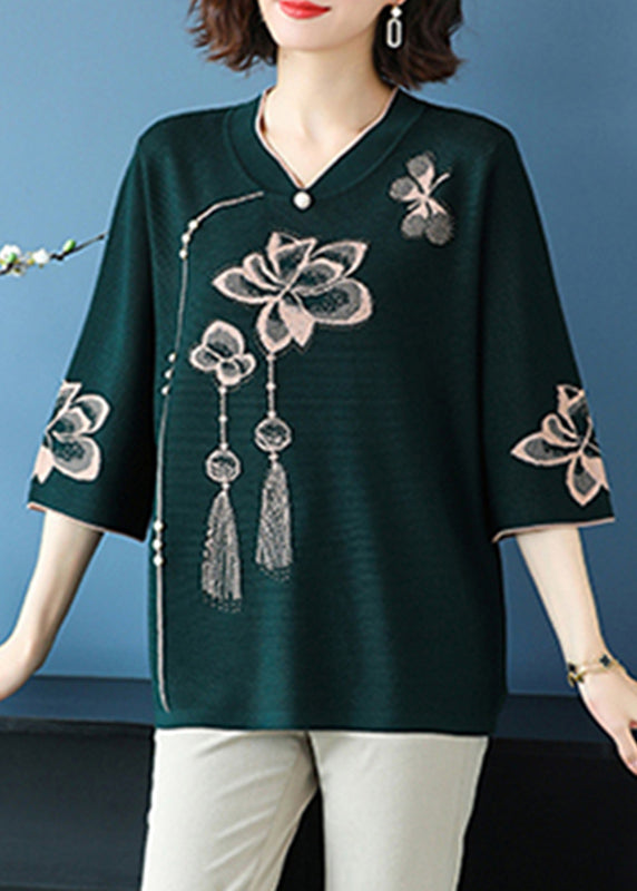 Classy Blackish Green V Neck Print Ice Silk Knit Top Summer TR014 MZF-HTP240727