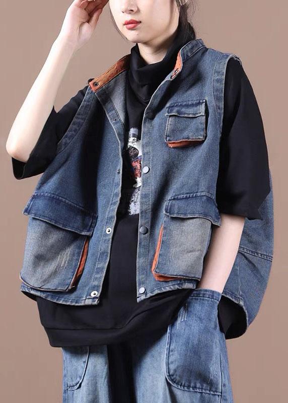 Classy Blue Button Pockets Patchwork Fall Denim Waistcoat QS058 WT-WG-VTP210914