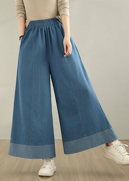 Pants Leg Denim Wide Waist Classy Elastic Summer Blue FashionChic